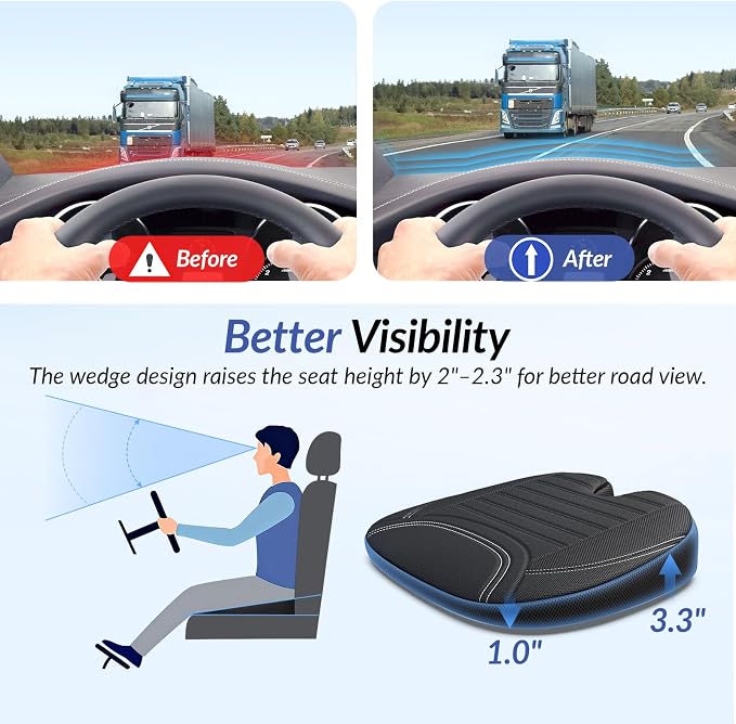 Wedge Car Seat Cushion for Tailbone Pain Relief & Better Visibility, Ergonomic Memory Foam Seat Cushion for Car with Breathable Channel Design, Fits Car, SUV, Truck, Non-Slip Mesh Cover - Image 4