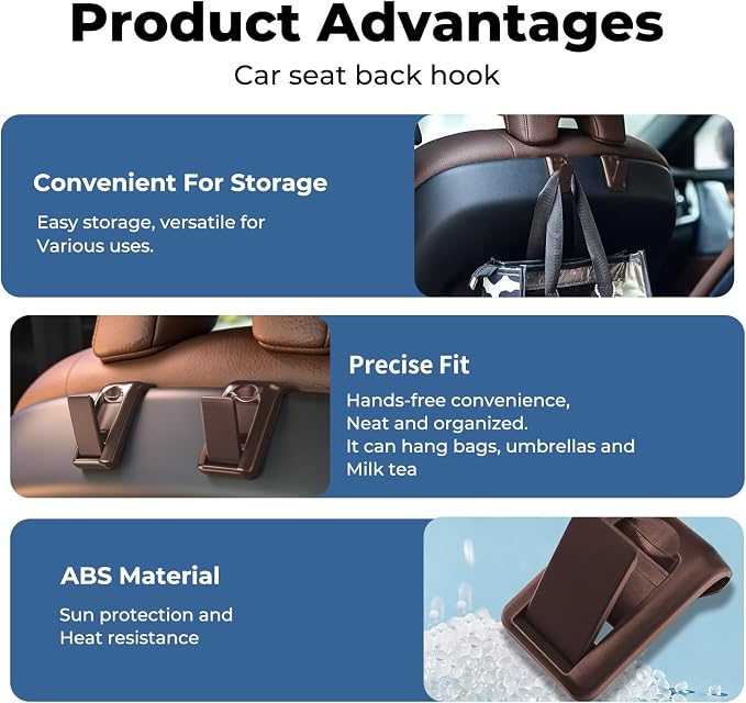 2 Packs Upgraded Foldable Car Seat Headrest Hidden Hooks for Volvo | for Volvo XC90 XC60 S90 S60 V90 V60 60/90 Series Accessories, Storage Organizer for Purse Bag Toy Bottle (Brown) - Image 5