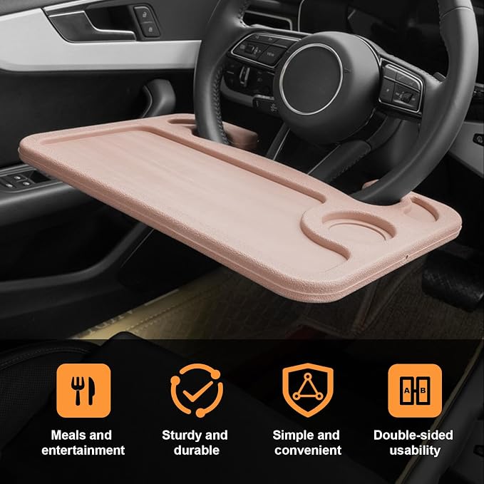 Dickno Car Steering Wheel Desk, Multipurpose Auto Steering Wheel Tray with Drink Holder, Steering Wheel Food Tray for Eating, Universal Vehicle Travel Accessories for Constant Travelers (Beige) - Image 4