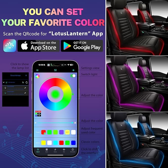 CAR PASS LED Lights Nappa Leather Car Seat Covers Front Seats, Waterproof Seat Cover for Cars Variable RGB Lights with DIY Music Sync Mode, All Weather Universal Fit Trucks SUV Automotive Pick-up - Image 3
