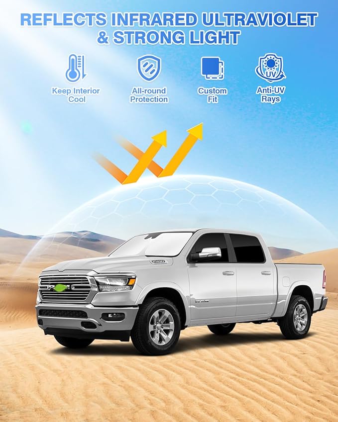 Canvcle Sunshades for Dodge Ram 1500 Crew Cab 2019-2025 2026 Accessories Windshield Sun Shade Side Rear Window Shade Cover Sun Visor Shield Privacy Protection Keep Vehicle Cool Black 6PCS - Image 2