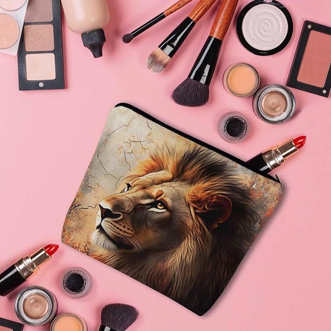 Makeup Bag Lion Makeup Bags For Purse Pouch, Wildlife Forest King Lion Travel Toiletry Bag Cosmetic Bag Makeup Bags Flax Makeup Organizer Bag Pencil Pouch For Man Woman, Brown - Image 3