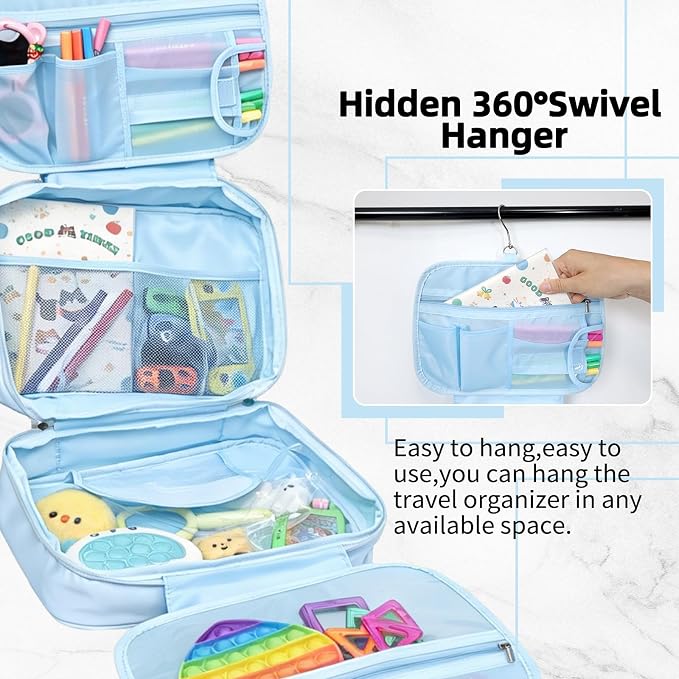 Travel Organizer, Portable Storage Bag for Toys, Snacks, & Activities, Travel Waterproof Organizer Bags with Hook & Carry Handle, Multi-Compartment (Blue) - Image 7