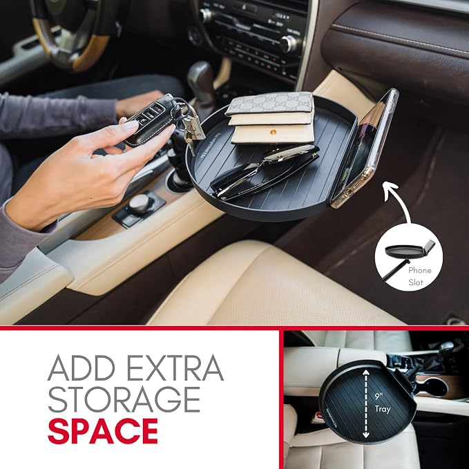 Macally Cup Holder Tray for Car - Adjustable Car Tray Table - Perfect Car Food Tray for Eating with Phone Slot and Swivel Arm - Car Organizer - Image 3