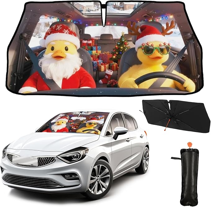 CHILL·TEK Funny Animal Car Windshield Sun Shade Umbrella, Christmas Duck Car Sun Shade Umbrella, Block UV Rays Heat Foldable Windshield Umbrella Sun Visor Protector - Keep Vehicle Cool for Cars SUV by CHILL%C2%B7TEK