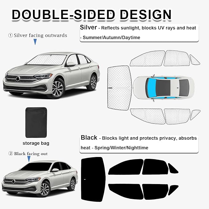 KMF 7pcs Sun Shades for Volkswagen Jetta 2019-2025 Accessories, Custom Fit VW Jetta Windshield Sunshade Car Window Covers for Side Rear, UV Block and Blackout Privacy for Camping - Image 3