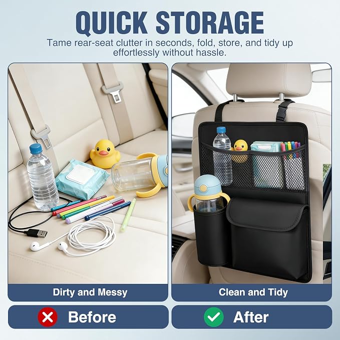 Nilight Car Seat Back Organizer 2PCS Black PU Leather Universal | Multi Pockets Foldable Waterproof Scratch Resistant Hanging Storage Bag for Cars Vans SUVs MPVs Pickup Trucks - Image 6