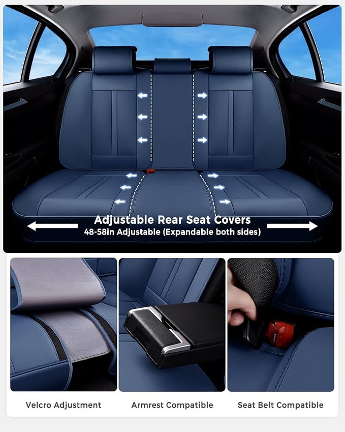 Huidasource Blue Back Seat Cover Luxury Nappa Leather, Rear Seat Cover with Velcro Adjustable, Ventilation Holes, Child Safety Seats, Back Seat Car Cover Universal Fit for Most Cars SUV Trucks, Blue - Image 2