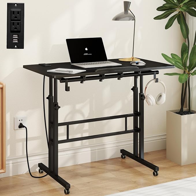 SIDUCAL Portable Standing Desk Adjustable Height, Rolling Computer Desk on Wheels, Mobile Home Office Workstation with USB Ports and Outlets, Laptop Cart for Standing or Sitting, 31.5" x 23.6" Black by SIDUCAL