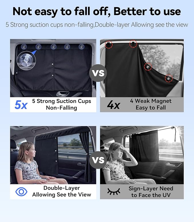 NMoiss 2026 Upgraded Dual-Layer Auto Car Window Shades for Baby 2 PCS | 100% Block Heats, UV Rays & Privacy, Protecting Skin & Eyes, Blackout & Mesh Shade, 5 Oversized Suction Cups - Image 5