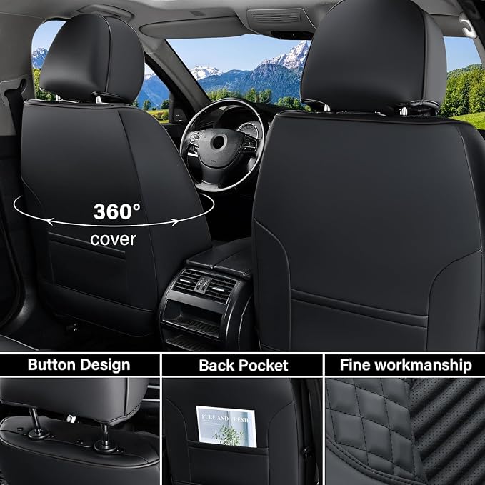 Coverado Car Seat Covers, Waterproof Nappa Leather Seat Cushion for Cars 5 Seats, Front and Rear Automotive Seat Cover Car Accessories, Universal Fit for Most Cars SUV Trucks, Full Set, Black - Image 2