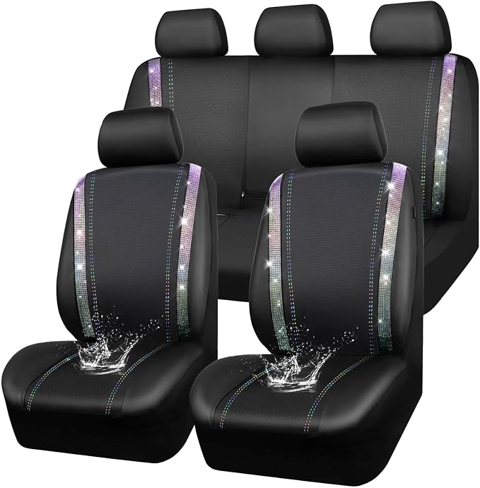 CAR PASS Bling Diamond Car Seat Covers Full Set, Shining Rhinestone Waterproof Faux Leather, Rear with Zipper, Universal Fit Automotive Glitter Crystal Sparkle Strips for Cute Women Girl,Muticolor by CARPASS