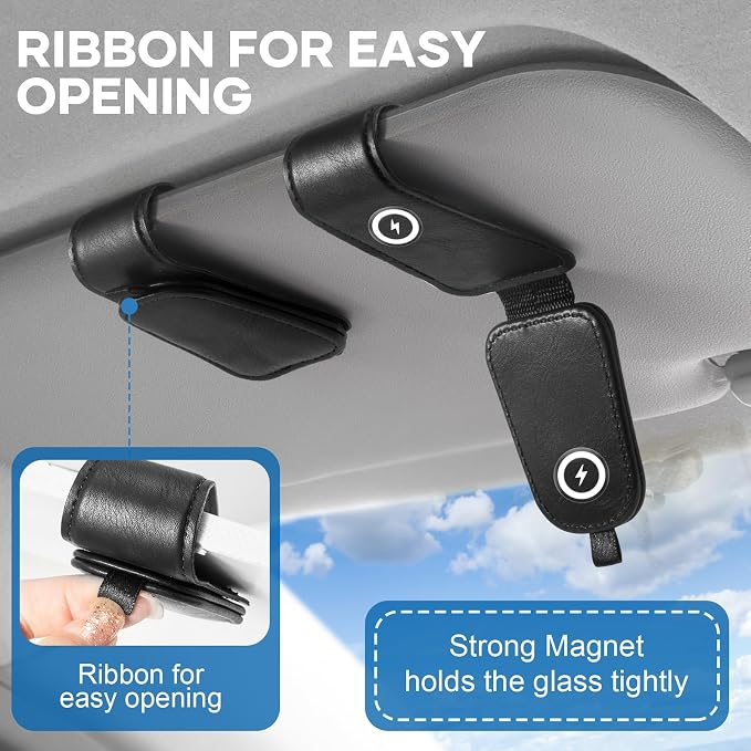 Sunglass Holder for Car Visor, Glass Magnetic Leather Clip, 2 Pack Gray - Image 2