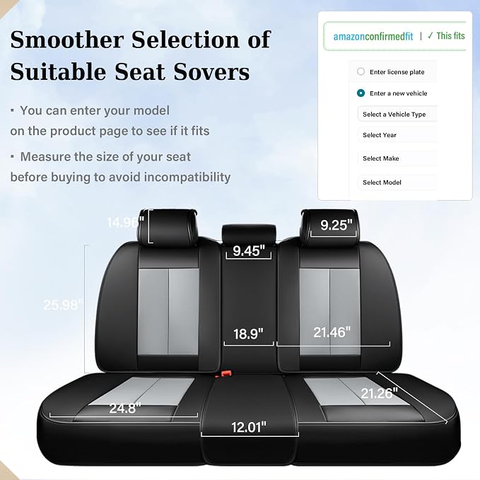 Coverado Rear Bench Car Seat Covers, Car Rear Seat Covers, Nappa Leather Back Seat Cover, Automotive Seat Covers Seat Cushion Cover Universal Fit for Most Cars Sedan SUV Pickup Truck, Black&Gray - Image 2
