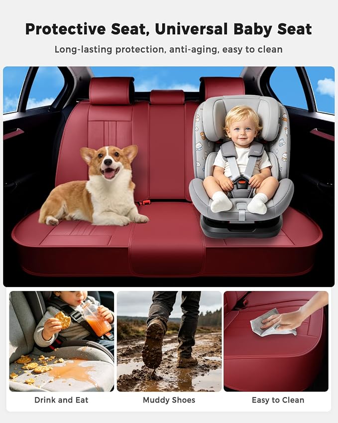Huidasource Rear Car Seat Cover, Luxury Faux Leather Back Seat Cover, Velcro Adjustable, Compatible with Child Seat, Perforation Cooling＆Heating, Universal Fit for Most Cars, Vans, Trucks, SUVs, Red - Image 5