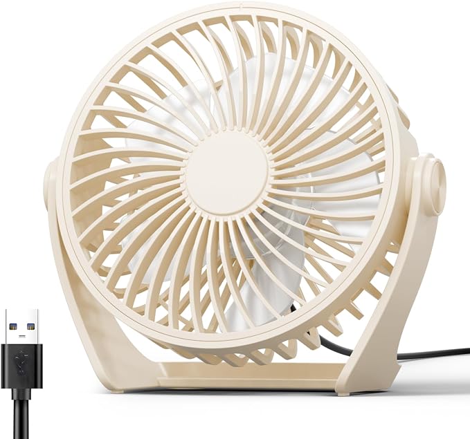 Edvision USB Desk Fan, 5 Inch Small Portable, 3 Speeds Powerful Wind Mini Personal Desktop Fan 360° Rotation Adjustable, Plug In USB Fan Quiet for Table Home Office Travel Car(Beige) by Edvision