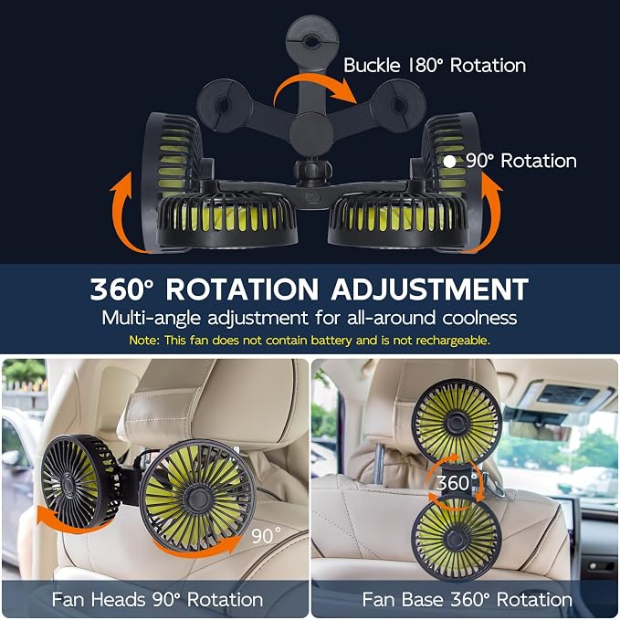 XOOL Car Fan for Backseat Kids, Dual Head USB Car Cooling Fans - 3 Speeds 360° Rotatable Rear Headrest Fans, 5V/2A Powerful Electric Air Circulation Fan for Vehicles SUV RV - Image 2