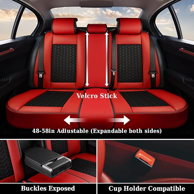 Coverado Seat Covers Full Set, 5 Seats Car Seat Cover Winter, Front and Back Seat Covers for Cars, Breathable Faux Leather Car Seat Cushion, Car Seat Protector Universal Fit for Most Cars Vans, Red - Image 4