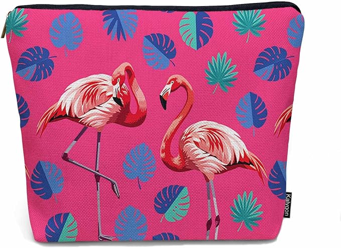 Flamingo Makeup Bag For Women, Adorable Cosmetic Pouch With Tropical Leaves Palms Pattern, Pink Zipper Travel Toiletry Organizer For Gym and Bathroom by Unknown