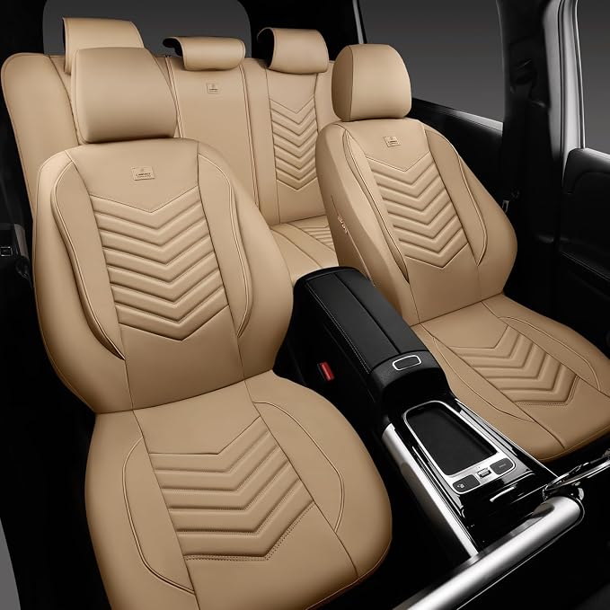 CAR PASS 3D Foam Faux Leather Seat Covers Full Set,Waterproof Tan Leather Seat Cover for Cars,Luxury Universal Fit Anti-Slip for SUV Truck Sedan Automotive,Armrest Airbag Compatible,All Beige - Image 5