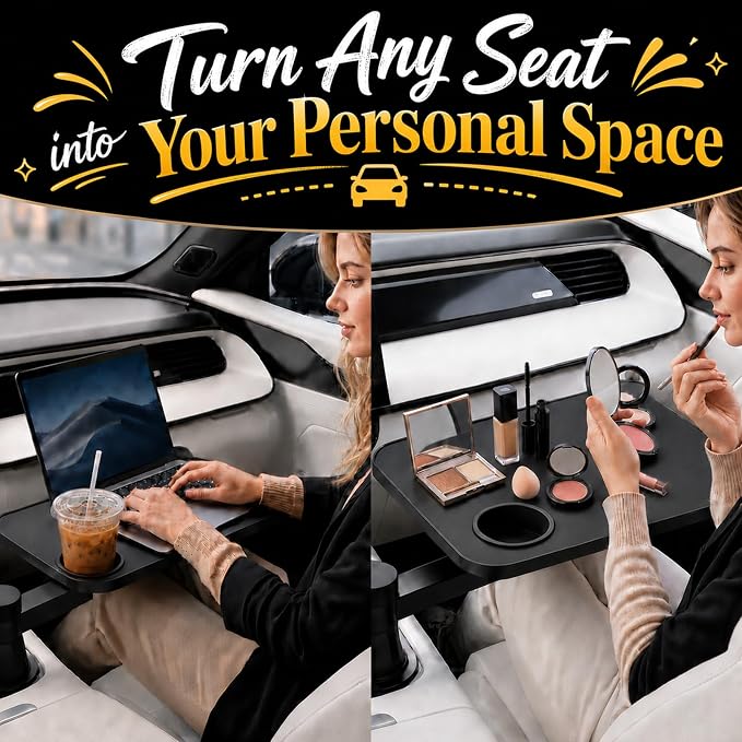 Car Tray Table for Laptop and Food, 360° Rotating Adjustable Car Desk with Cup Holder,Leather Surface, Adjustable Vehicle Seat Tray for Eating, Working, Road Trips, Fits Tesla Model 3/Y/S&Most Cars - Image 6