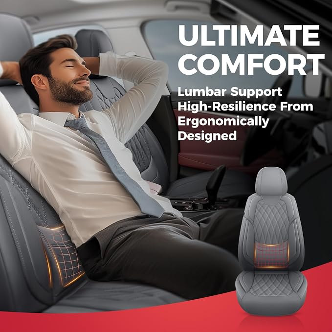FREESOO Car Seat Covers Full Set Faux Leather Universal Fit Grey | faux nappa leather seat covers, waterproof breathable, full set lumbar support, front rear covers, fit sedans suvs pickups - Image 6