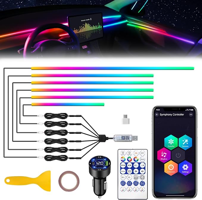 Acrylic Interior Car LED Strip Light with USB/Type C/4-Port Cigarette Lighter, Dreamcolor 6 in 1 with 175 inches 650 LEDs Ambient Lighting Kits, Sound Active Function Neon Led Strips for Car by MAODANER