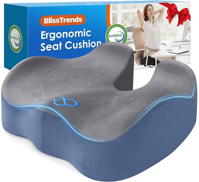BlissTrends Memory Foam Seat Cushion for Office Chair & Car Seat Grey&Blue | Ergonomic Tailbone & Sciatica Support with Removable Velvet Cover for Pressure Relief and Long Sitting Comfort, 3.3" Thick by BlissTrends