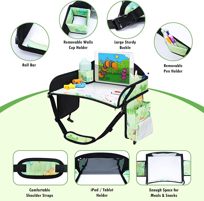 Car Seat Tray,Toddler Road Trip Essentials With Drawing Kit | Road Trip Essentials Accessories Lap Tray with iPad Holder Stand & Dry Erase Board as Travel Gifts for Kid,Green - Image 6