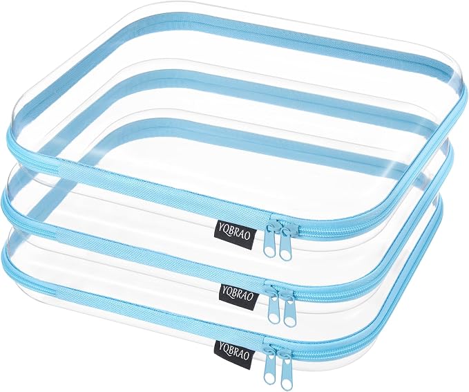 YQBRAO Clear Hard Shell Zipper Cases, 3 Large Travel Organizers, Blue | Rigid 1.2 mm PET and YKK dual zippers for full-size toiletries, makeup palettes, electronics and craft supplies by Unknown