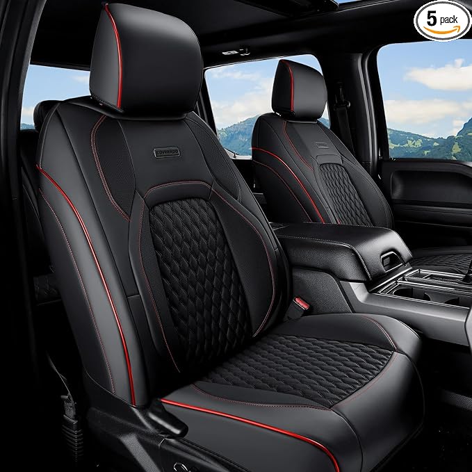 Coverado Chevy Chevrolet Silverado GMC Sierra Seat Covers Full Set, Custom Fit for 2014-2018 1500, 2015-2019 2500HD 3500HD Crew Double Extended Cab, Faux Waterproof Leather Seat Covers (Redline) by COVERADOAUTO