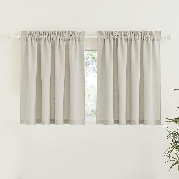 RYB HOME Short Curtains Europe Flax Linen Woven Semi Sheer Drapes Window Treatments Sun Shades Light Filtering Glare Control for Bathroom Nursery Bay Window Laundry Room, W 52" x L 45", Angora, 2 PC by RYBHOME