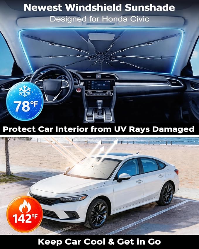 DMJN Umbrella Windshield Sun Shade for Honda Civic (2006-2026), Car Sunshade for Front Windshield [Nano Ice-Crystal Coatings] UPF50+ Heat & UV Block, Protect Interior & Keep Cooler - Image 2