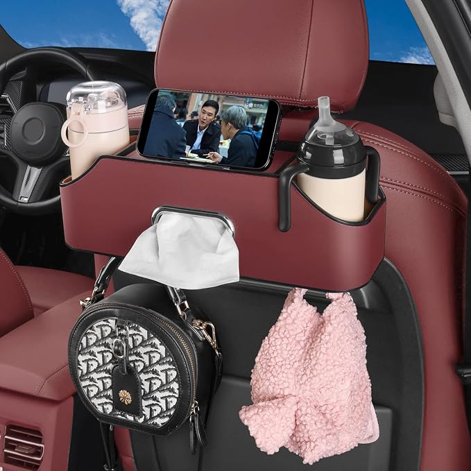 HOLDCY Car Back Seat Organizer with 2 Cup Holders, Tissue Storage, Red | Rigid ABS Frame With Pu Leather, Dual Hooks And Tool-Free Mounting For Cars, Suvs And Trucks With Separate Headrest Posts - Image 5