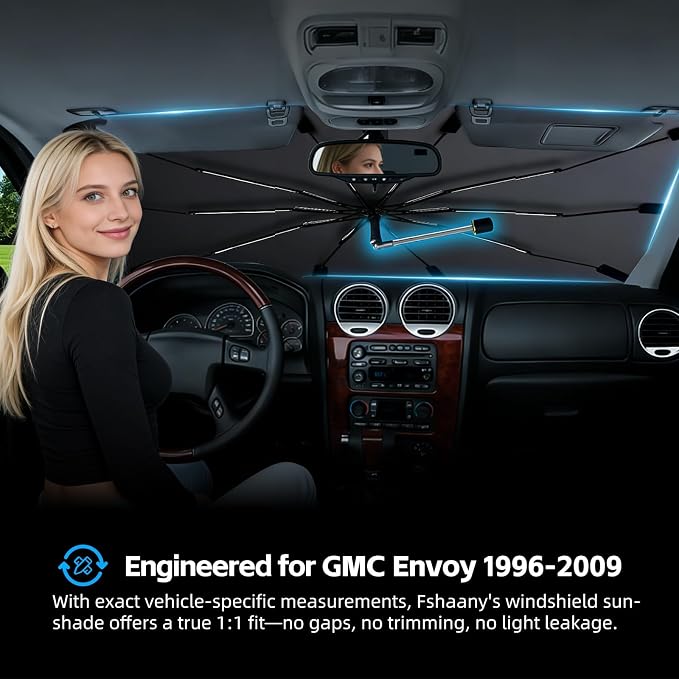 Windshield Sun Shade Umbrella for GMC Envoy 1996-2009 Front Window Shield | Heat-Reflective Window Shade, Umbrella Sunshade Cover Blocks Heat, Protects Interior, Vehicle-Specific Precision Fit - Image 2