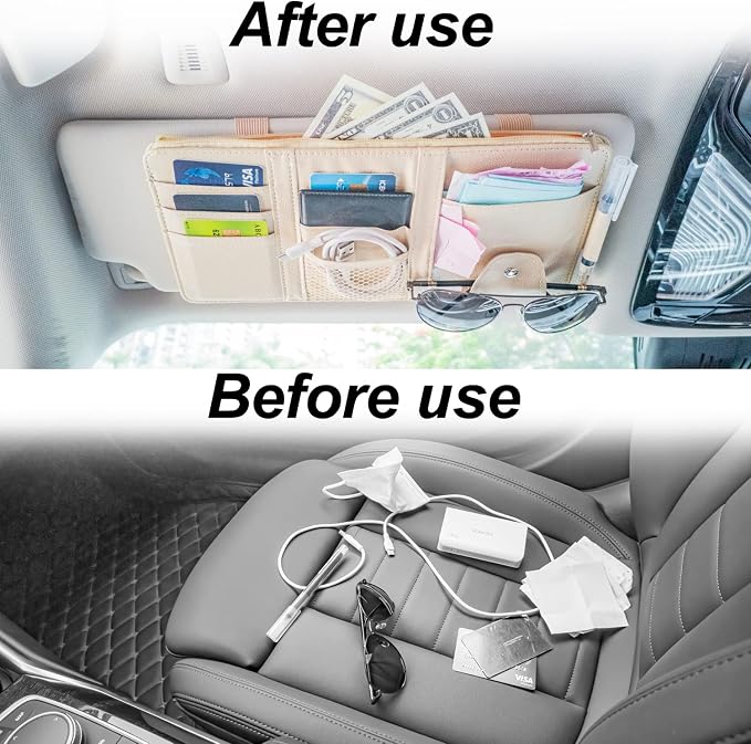 Keedolla Car Sun Visor Organizer Auto Interior Accessories Pocket Organizer, Sunglasses Holder Car Truck Visor Storage Pouch for Cards, Pens and Document - Beige - Image 8