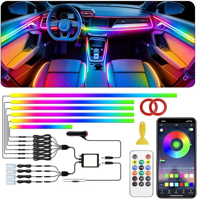 Interior Car LED Strip Lights,Acrylic LED Lights for Car with Dynamic Dreamcolor Chasing,175 inches 10 in 1 RGB Neon Strip Fiber Optic Ambient Lighting Kits with Remote APP,for Inside car Decorations by Sxlofty