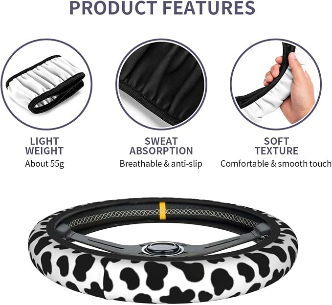 Cow Print 3pc car Set : Steering Wheel Cover + 2 Pc Car Coasters | neoprene Anti-Slip Breathable Universal 14.5-15.5 in for Suitable for Men Women - Image 4