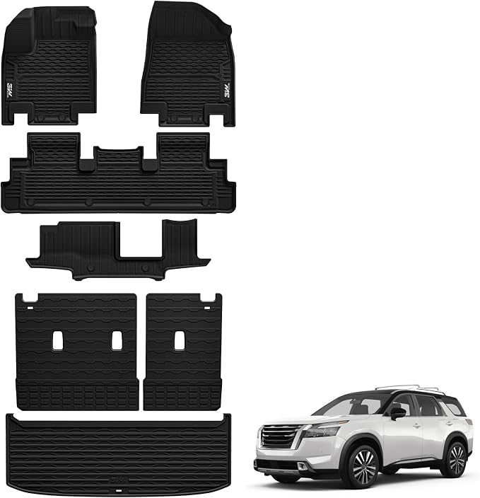 3W Floor Mat & Cargo Mat & Back Mat for Nissan Pathfinder 2022-2026 8 Seats | Full Set: Floor Mats & Cargo Mat &Backrest Mat, Max Surface Coverage, TPE All Weather, Non-Slip, Heavy Duty Mats by 3W