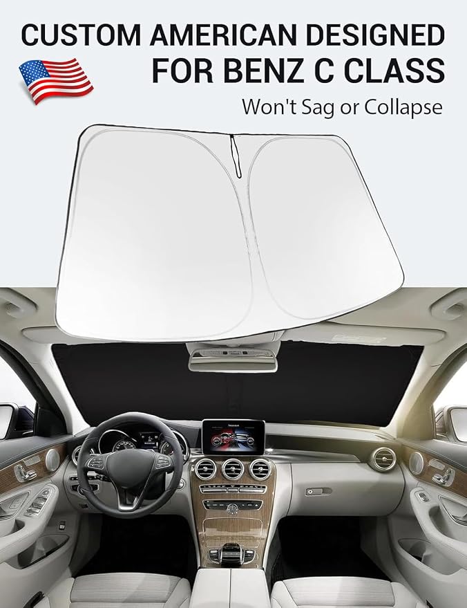 Proadsy Custom Fit 2008-2014 Benz C Class Windshield Sun Shade, Blocks Heat | 240T Heat Shield, Drops Temp 54°F, Blocks 99% UV, Prevents Dashboard Cracking, Summer Parking & Beach Trips, Easy Twist-Fold - Image 2