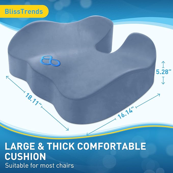 BlissTrends Thick Seat Cushion for Office Chair & Car Seat, XL, LightBlue | Memory Foam with Removable Cover, Ergonomic Tailbone & Sciatica Support for Pressure Relief and Long Sitting, 3.9" Thick - Image 2
