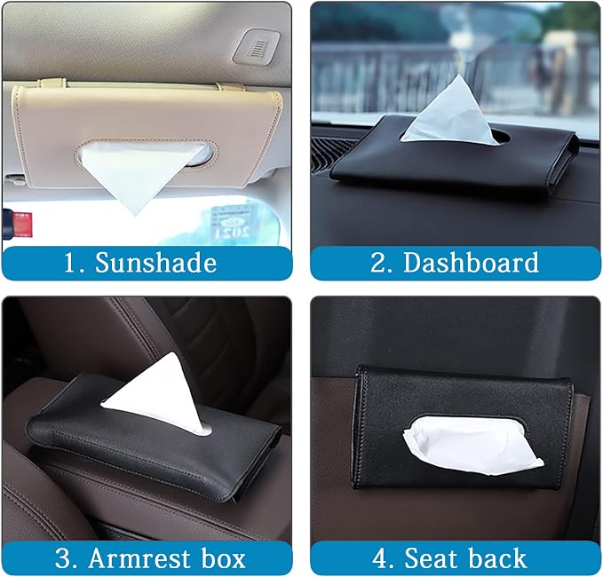 YVPSI Car Tissue Holder Sun Visor Napkin Holder with Tissue for Car (Black) | Refill Car Mask Holder PU Leather Tissue Box Tissue Box Holder Hanging Tissue Holder Mask Dispenser - Image 5