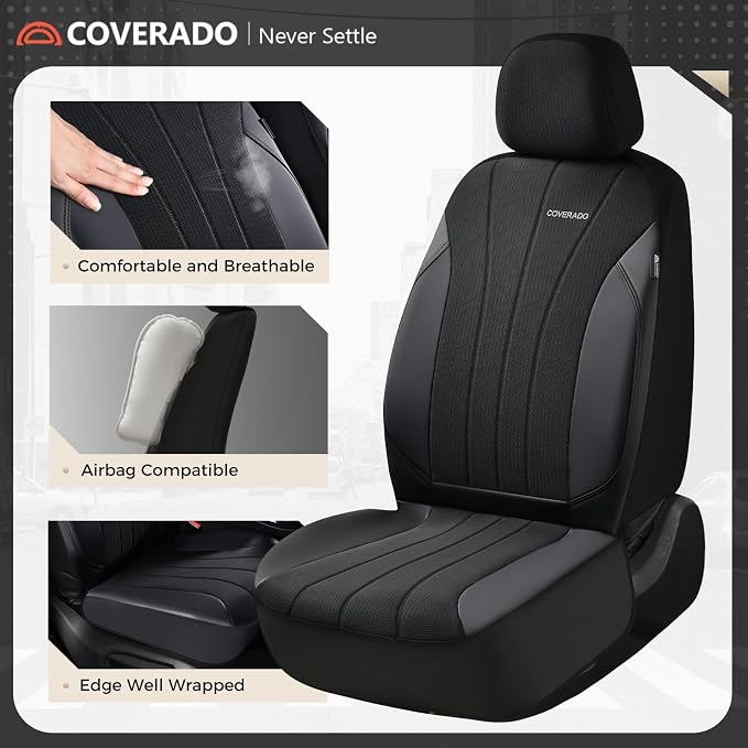 Coverado Car Seat Covers Front Seats, Auto Seat Covers Full Set, Mesh Breathable Seat Protectors, 2 Seats Black Automotive Seat Covers, Universal Fit for SUV, Sedan, Truck - Image 2