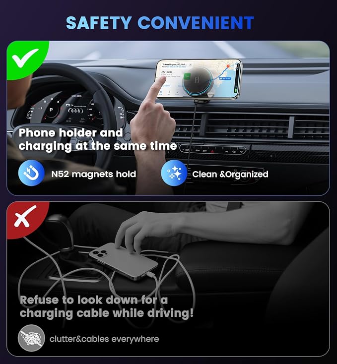 Magnetic Car Charger Mount 15W for iPhone 17-12 Pro Max | N52 Strong Magnets, 360° Rotation, Dashboard & Vent Mount, Compatible with Magnetic Cases, Gift for Men, Black - Image 6