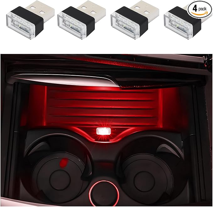 Dickno 4 PCS USB LED Car Interior Atmosphere Lamp, Portable Mini LED Night Light, Plug-in USB Interface Trunk Ambient Lighting Kit, Universal Vehicle Interior Accessories (Red) by Dickno