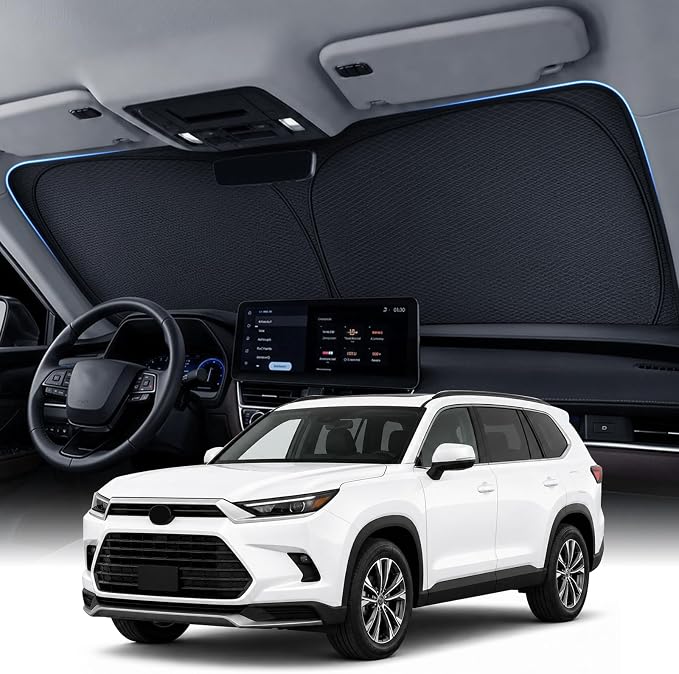 Large Windshield Sun Shade for Toyota Grand Highlander 2024-2026, 7-Layer Heavy-Duty & Blocks UV Rays, 3D Scanned Custom Fit, Keep Interior Cooler, Easy Storage & Foldable SUV Accessories, No Sagging by Zanch