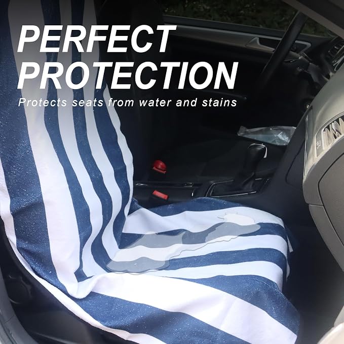 Sweat Towel Car Seat Cover Protector Front Seats for Gym Workout, Running, Swimming, Beach and Hiking, Waterproof Universal Seat Cover for Car, Trucks, Van & SUV (1, White/Blue Stripe, Front) - Image 2
