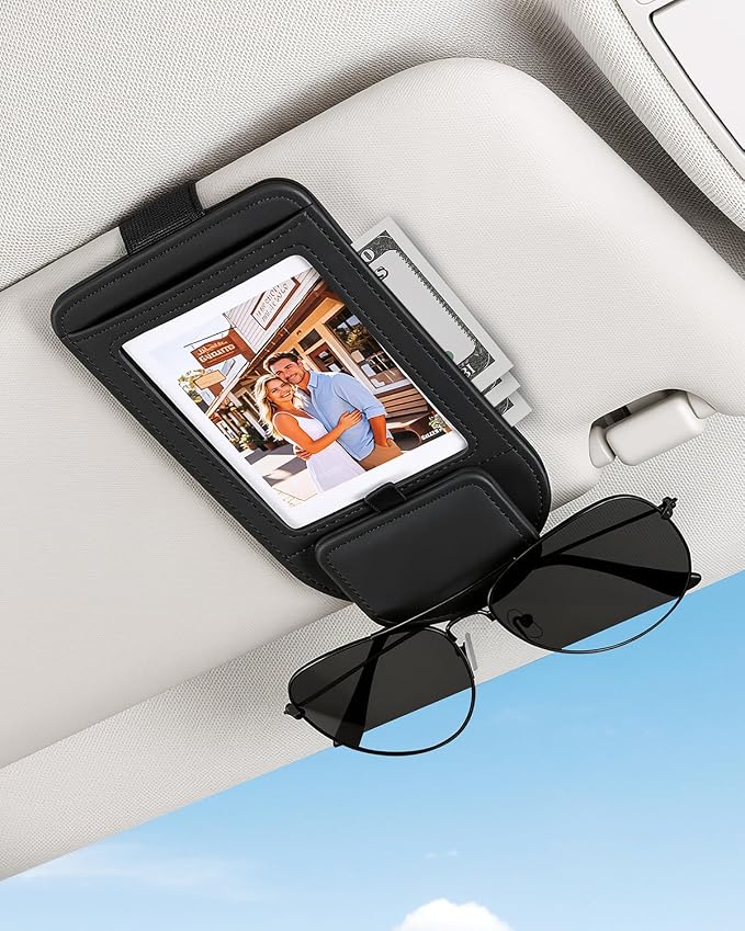 Car Visor Sunglasses Holder, 3 in 1 Glasses Clip with Photo Picture Display & Extra Storage Pocket, Anti-Slip Universal Sun Visor Organizer, 2026 Upgraded (1, Black) by Automotiveinterior