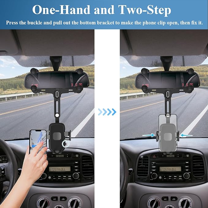Car Phone Holder Mount, Rear View Mirror Phone Holder, Rotatable and Retractable Phone Holders for Your Car Compatible with iPhone Samsung All 4-7 Inch Cell Phones - Image 4