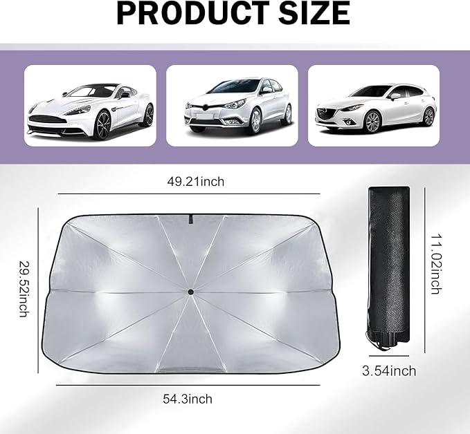 leechio 1 PC Windshield Sun Shade Umbrella, Sun Protection and Heat Insulation Front Windscreen Umbrella Sunshade, 54.3" x 29.5" Foldable Retractable Heat Insulation Protection, for Most Cars (Silver) - Image 2